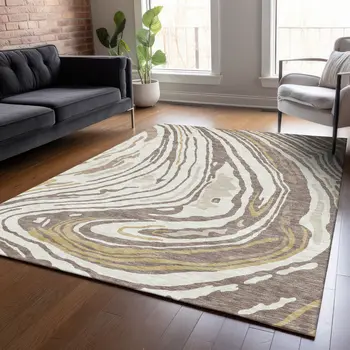 10' X 14' Taupe Brown And Beige Abstract Washable Indoor Outdoor Area Rug