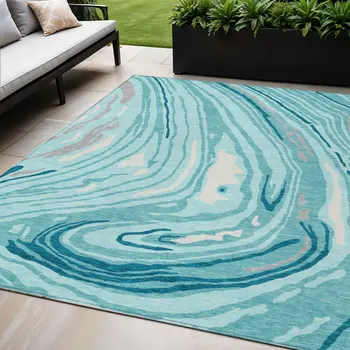 5' X 8' Turquoise Teal Blue And Gray Abstract Washable Indoor Outdoor Area Rug