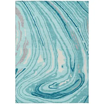 10' X 14' Turquoise Teal Blue And Gray Abstract Washable Indoor Outdoor Area Rug