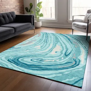 10' X 14' Turquoise Teal Blue And Gray Abstract Washable Indoor Outdoor Area Rug