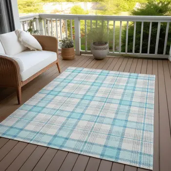 5' X 8' Aqua And Gray Plaid Washable Indoor Outdoor Area Rug