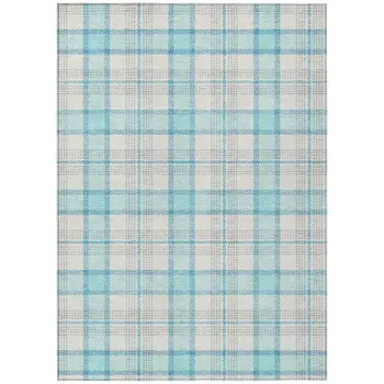 5' X 8' Aqua And Gray Plaid Washable Indoor Outdoor Area Rug