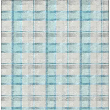 5' X 8' Aqua And Gray Plaid Washable Indoor Outdoor Area Rug