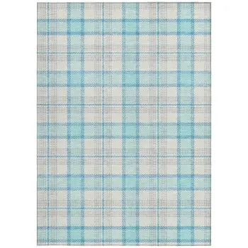 5' X 8' Aqua And Gray Plaid Washable Indoor Outdoor Area Rug