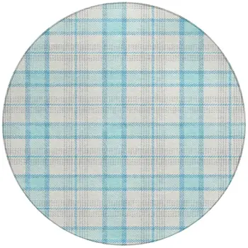 8' Aqua And Gray Round Plaid Washable Indoor Outdoor Area Rug