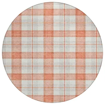 8' Coral And Beige Round Plaid Washable Indoor Outdoor Area Rug