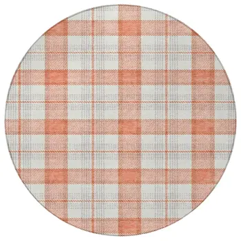 8' Coral And Beige Round Plaid Washable Indoor Outdoor Area Rug