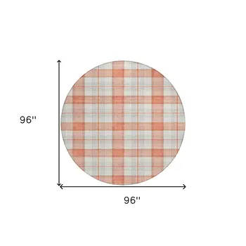 8' Coral And Beige Round Plaid Washable Indoor Outdoor Area Rug