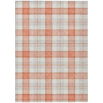 10' X 14' Coral And Beige Plaid Washable Indoor Outdoor Area Rug