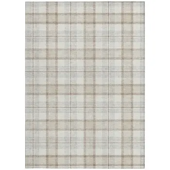 3' X 5' Linen And Brown Plaid Washable Indoor Outdoor Area Rug