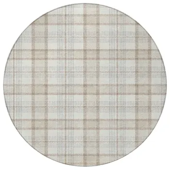 8' Linen And Brown Round Plaid Washable Indoor Outdoor Area Rug