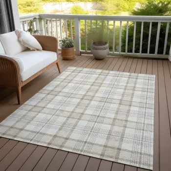 8' X 10' Linen And Brown Plaid Washable Indoor Outdoor Area Rug