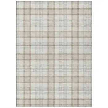 8' X 10' Linen And Brown Plaid Washable Indoor Outdoor Area Rug