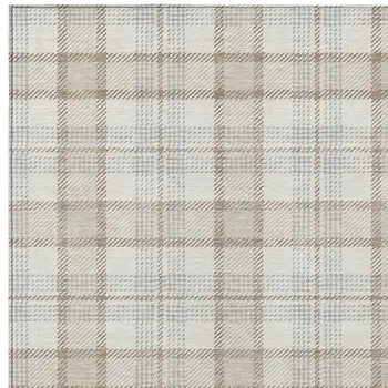 10' X 14' Linen And Brown Plaid Washable Indoor Outdoor Area Rug
