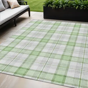 5' X 8' Mint Green And Beige Plaid Washable Indoor Outdoor Area Rug