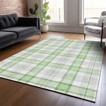 5' X 8' Mint Green And Beige Plaid Washable Indoor Outdoor Area Rug