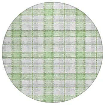 8' Mint Green And Beige Round Plaid Washable Indoor Outdoor Area Rug