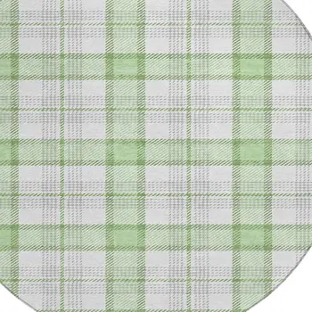 8' Mint Green And Beige Round Plaid Washable Indoor Outdoor Area Rug