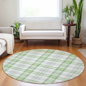 8' Mint Green And Beige Round Plaid Washable Indoor Outdoor Area Rug