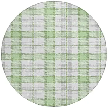 8' Mint Green And Beige Round Plaid Washable Indoor Outdoor Area Rug