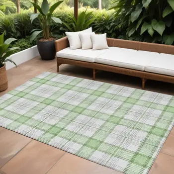 10' X 14' Mint Green And Beige Plaid Washable Indoor Outdoor Area Rug