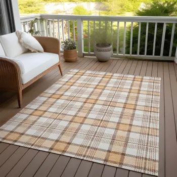 5' X 8' Peach And Beige Plaid Washable Indoor Outdoor Area Rug