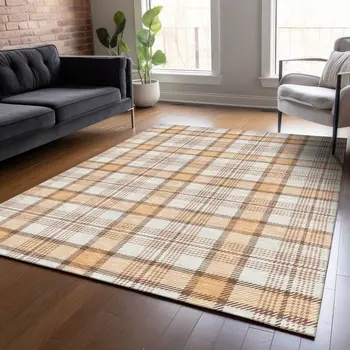 5' X 8' Peach And Beige Plaid Washable Indoor Outdoor Area Rug