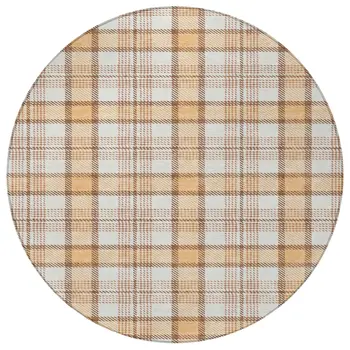 8' Peach And Beige Round Plaid Washable Indoor Outdoor Area Rug