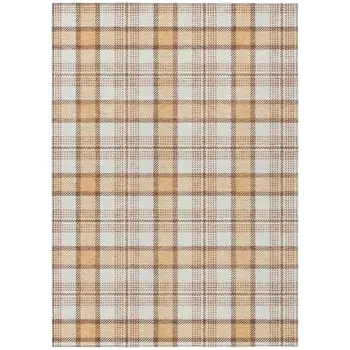 9' X 12' Peach And Beige Plaid Washable Indoor Outdoor Area Rug