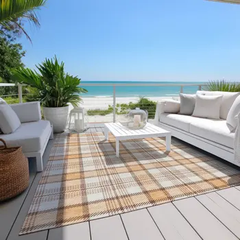 9' X 12' Peach And Beige Plaid Washable Indoor Outdoor Area Rug