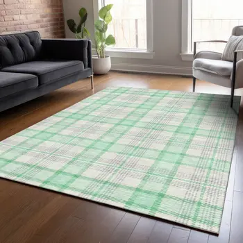 3' X 5' Green And Gray Plaid Washable Indoor Outdoor Area Rug