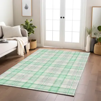 3' X 5' Green And Gray Plaid Washable Indoor Outdoor Area Rug