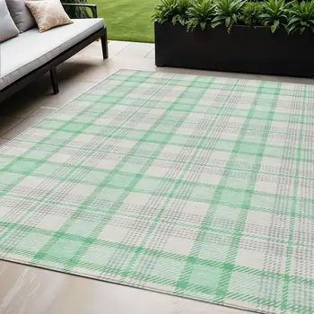 5' X 8' Green And Gray Plaid Washable Indoor Outdoor Area Rug