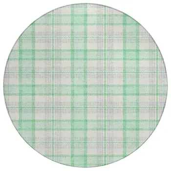 8' Green And Gray Round Plaid Washable Indoor Outdoor Area Rug