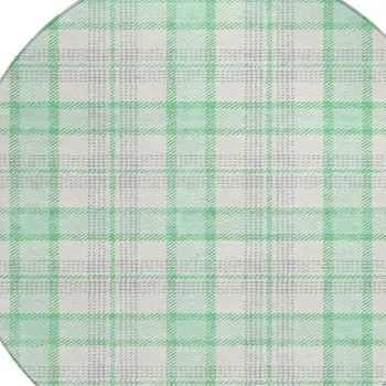 8' Green And Gray Round Plaid Washable Indoor Outdoor Area Rug