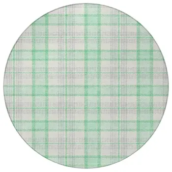 8' Green And Gray Round Plaid Washable Indoor Outdoor Area Rug