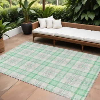 10' X 14' Green And Gray Plaid Washable Indoor Outdoor Area Rug