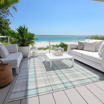 9' X 12' Sky Blue And Gray Plaid Washable Indoor Outdoor Area Rug