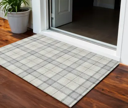 3' X 5' Silver And Gray Plaid Washable Indoor Outdoor Area Rug