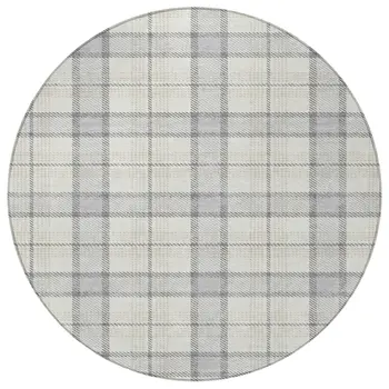 8' Silver And Gray Round Plaid Washable Indoor Outdoor Area Rug