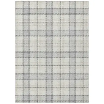 9' X 12' Silver And Gray Plaid Washable Indoor Outdoor Area Rug