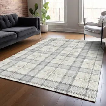 9' X 12' Silver And Gray Plaid Washable Indoor Outdoor Area Rug