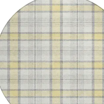 8' Yellow And Gray Round Plaid Washable Indoor Outdoor Area Rug