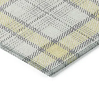 8' Yellow And Gray Round Plaid Washable Indoor Outdoor Area Rug