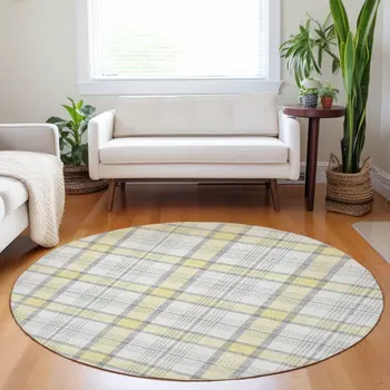 8' Yellow And Gray Round Plaid Washable Indoor Outdoor Area Rug