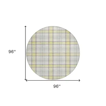 8' Yellow And Gray Round Plaid Washable Indoor Outdoor Area Rug
