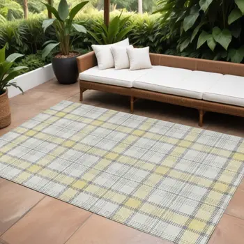 10' X 14' Yellow And Gray Plaid Washable Indoor Outdoor Area Rug
