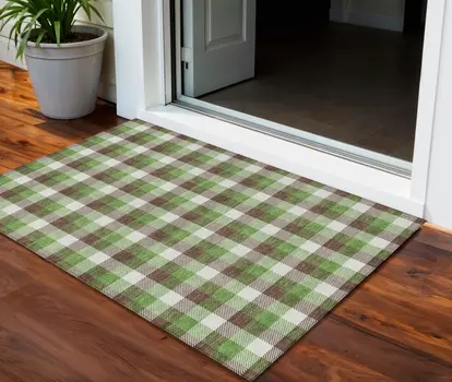 3' X 5' Brown Green And Beige Plaid Washable Indoor Outdoor Area Rug