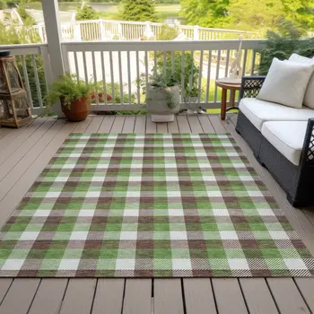 3' X 5' Brown Green And Beige Plaid Washable Indoor Outdoor Area Rug