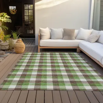 3' X 5' Brown Green And Beige Plaid Washable Indoor Outdoor Area Rug
